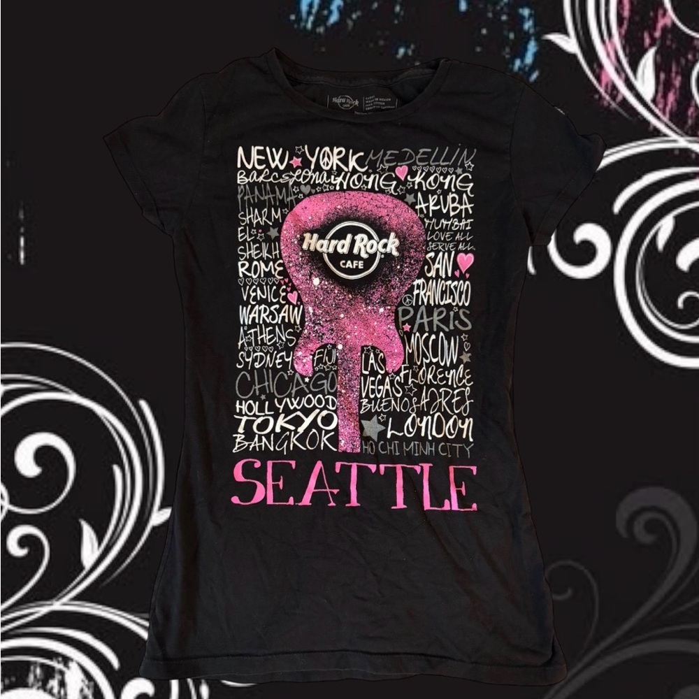 Hard Rock Cafe Black Tee with Pink and White Graphics